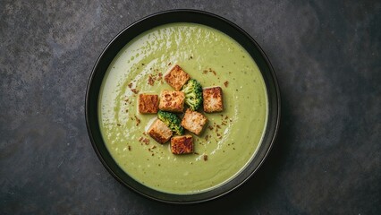 Fototapete - Creamy broccoli soup served in a black bowl on a dark stone surface, viewed from above