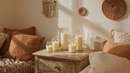 Fototapete - In this elegantly furnished '70s bedroom, candles housed in antique glass jars set a cozy and personal mood.