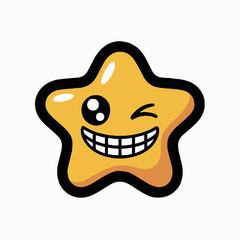 Wall Mural - A cartoon yellow star with a black outline winking and smiling on a white background illustration