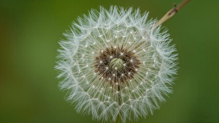 Poster - Close-range image focusing on the intricate white seed head of a dandelion with a blurred green environment behind it.