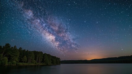 Wall Mural - a stunning view of the milky way's core illuminating a quiet lake in the early summer season.
