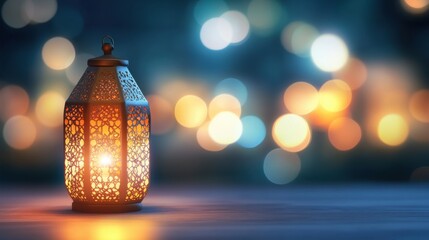 Poster - Lantern glowing softly with bokeh lights in the background at nighttime