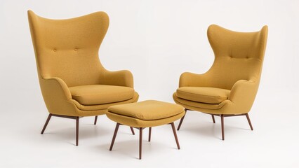 Poster - Contemporary fabric lounge chair and ottoman in complementary yellow tones illustrated on white