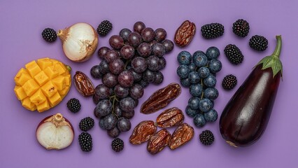 Poster - Creative display featuring mangosteen, onion, grapes, plum, blueberry, blackberry, dates, and eggplant against a purple backdrop. Overhead perspective. Gastronomy idea. Macro photography.