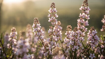 Poster - Spring's mild light nurtures delicate flowers, revealing their gentle pastel tones against a dreamy, blurred scene.