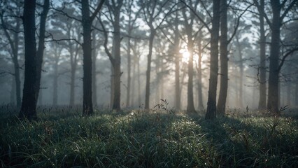 Poster - Soft Morning Glow Filtering Through Misty Woodland with Dew-Covered Grass and Gentle Rays