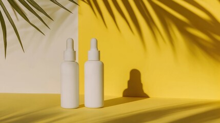 Poster - Minimalist white bottles on a bright yellow and cream background