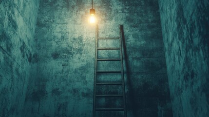 Poster - Dimly lit room with a ladder reaching towards a light bulb overhead