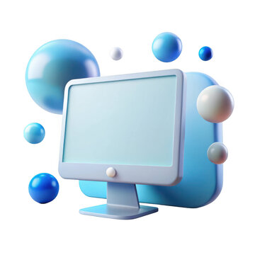 3d retro computer monitor with floating orbs isolated on transparent background