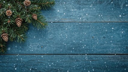 Wall Mural - snow-covered fir branches and cones creating a winter holiday setting on blue wooden texture