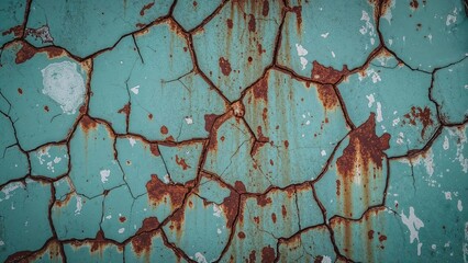 Poster - Detailed image of chipped paint revealing rust on a metallic surface in a teal shade, with copy space available.