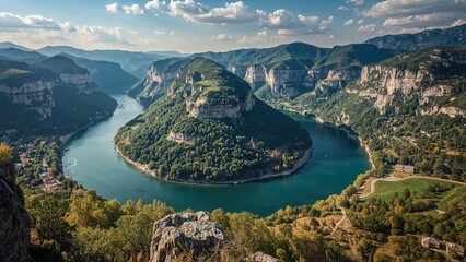Wall Mural - bird's-eye perspective showcasing the natural beauty of a canyon and adjacent lake during the summer