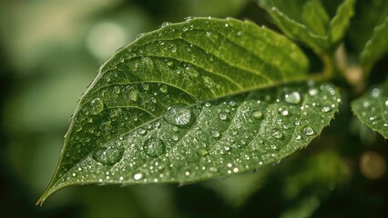 Poster - Macro shot of leaf featuring glistening water drops