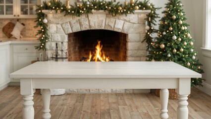 Poster - Plain white wooden table space set against a background of a burning fireplace