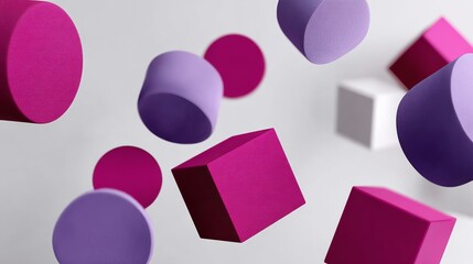 Poster - Collection of pink and purple shapes are floating in the air. The shapes are of various sizes and are scattered throughout the image. Scene is playful and whimsical