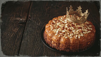 Poster - Twelfth Night Almond Cake with Crown on Rustic Wooden Surface, Vintage Filtered