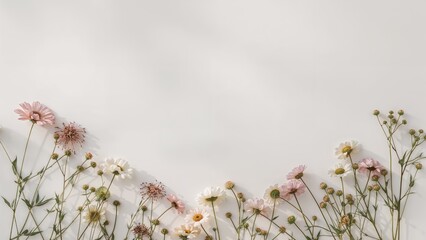 Wall Mural - Top view of soft pastel wild blossoms displayed on a white background, highlighted by soft shadowing and free space for writing.