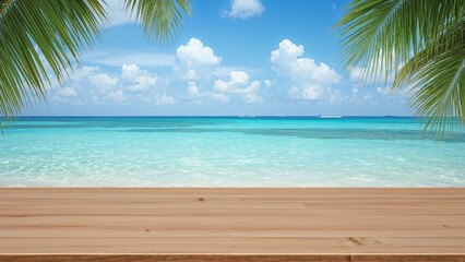 Poster - Empty wooden table with a view of the ocean in summer