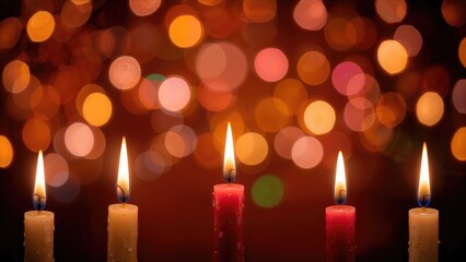 Poster - Four lit candles glowing against a soft, colorful bokeh backdrop, festive holiday card design with ample space for text during the winter season
