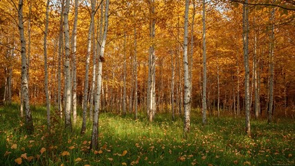 Poster - Dense forest with white bark trees, golden leaves, and autumn foliage carpet