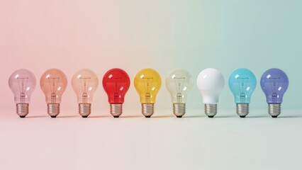 Poster - Multiple bright light bulbs arranged in a sequence on gentle pastel shades. Imaginative mindset; distinctive approach. Idea of accomplishment.