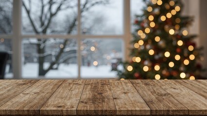 Poster - Wooden display table with an out-of-focus tree and window inside
