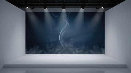 Poster - Abstract dark blue interior with floating smoke and spotlighted stage for showcasing products
