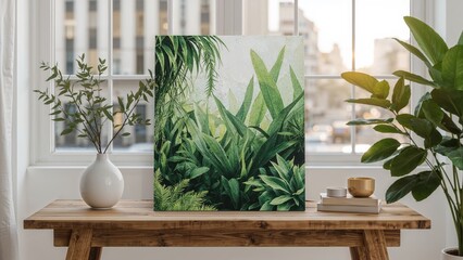 Poster - Morning city and garden green abstract on a wooden tabletop with a soft-focus window, ideal for displaying products in retail windows