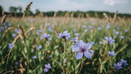 Wall Mural - Softly Focused Picture of Vibrant Blue Flowers Flowering
