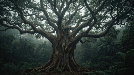 Wall Mural - Solitary tree standing amidst rainfall
