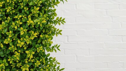 Poster - Lush green leaves set against a white brick backdrop, creating a natural texture and vintage design frame