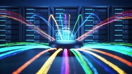 Poster - Data streams connect a central hub to server racks, represented by bright rainbow light trails. The scene is in a modern, dark blue environment