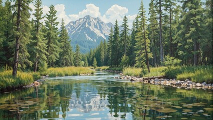 Poster - Original vertical painting showing a summer forest river with reflective mountain waters under sunshine. Great for use in creative albums, notebooks, and sketchbooks. Outdoor plein air sketch.
