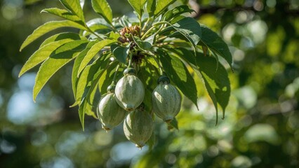 Poster - Close-up shot of seed capsules hanging from a branch with fresh verdant leaves illuminated by natural light.