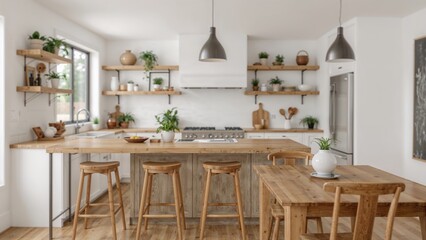 Poster - Faintly blurred image of a bright, modern farmhouse kitchen featuring wooden countertops, plant-lined shelves, and ample room for culinary activities and dining.
