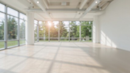 Poster - Spacious empty room with large windows letting in natural light, creating a calm setting ideal for design ideas or property presentations.