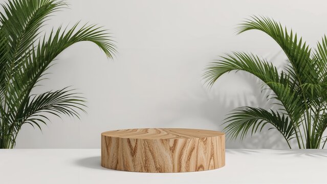 Display table with wooden podium presenting cosmetic items, set against palm leaf backdrop