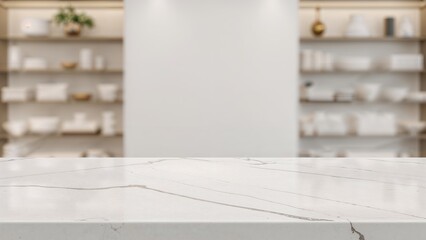 Poster - Blank white marble surface with blurred retail environment, shelves, counters, and desks for showcasing products and food, ideal for banners