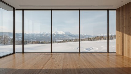 Poster - Minimalist open area with hardwood floors and floor-to-ceiling windows, facing a winter mountain scene.