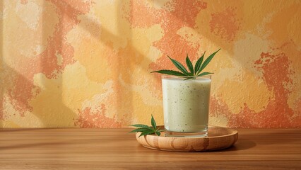 Poster - Glass filled with a cannabis smoothie alongside cannabis leaves resting on a wooden tray on a wooden tabletop, featuring a bright, warm abstract background. Space for text. Idea of healthy edible