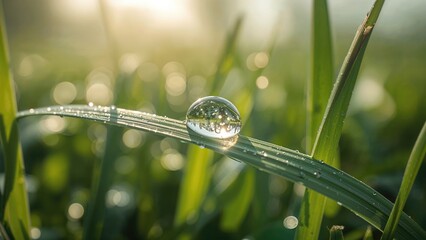 Poster - Extreme close-up of a moisture droplet on verdant grass with a natural environment in the background