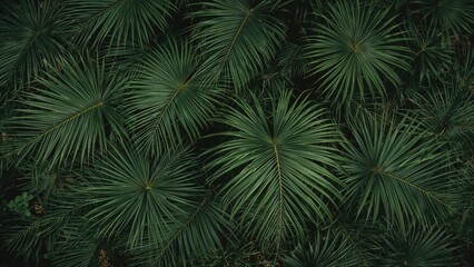 Poster - Aerial view of palm leaves from the rhapis excelsa plant in an outdoor garden. Vibrant green tree leaves. Nature-themed background and wallpaper.
