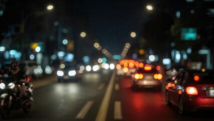 Poster - A vibrant street at night, illuminated by moving car and motorcycle lights.