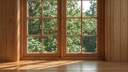 Poster - Wooden window frame with a bright summer view