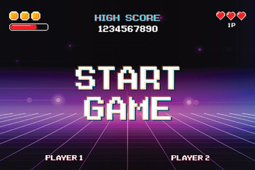 Poster - START GAME. pixel art .8 bit game. retro game. for game assets. arcade gaming. Vector illustration.