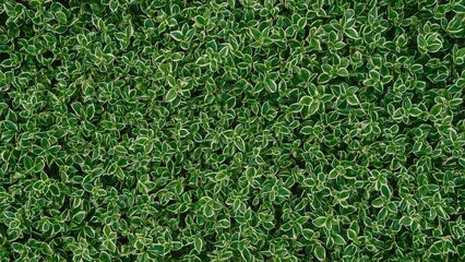 Poster - Top-down image of a baby rubber plant with dense bright green leaves bordered in white, growing among an infinite field of plants, suitable as a background or texture.