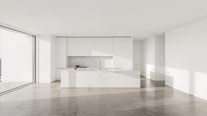 Poster - Bright kitchen design featuring large windows, concrete flooring, and a marble countertop. 3D visualization