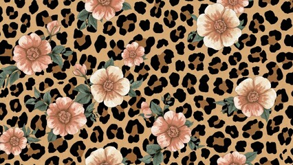 Poster - Digital 2D abstract seamless pattern integrating floral designs with animal print, suited for wallpaper, surface design, and fabric applications.