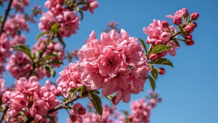 Poster - Close-Up of Vibrant Pink Flowers on a Tree Branch During Spring with a Crisp Blue Sky Background, Perfect for Online Banners