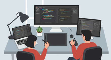 Two Programmers Coding on Multiple Computer Screens.